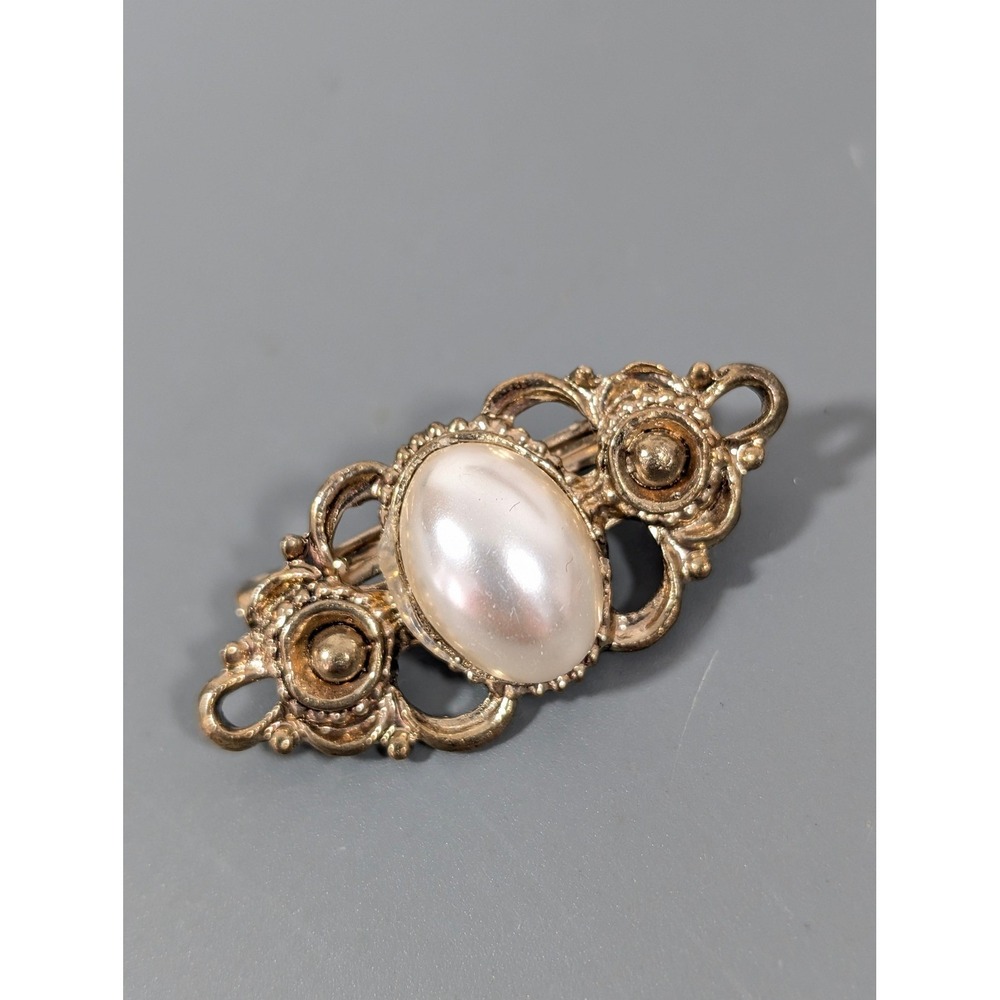 Vintage Faux Pearl Filigree Bar Brooch Gold Tone Retro Sweater Scarf Pin